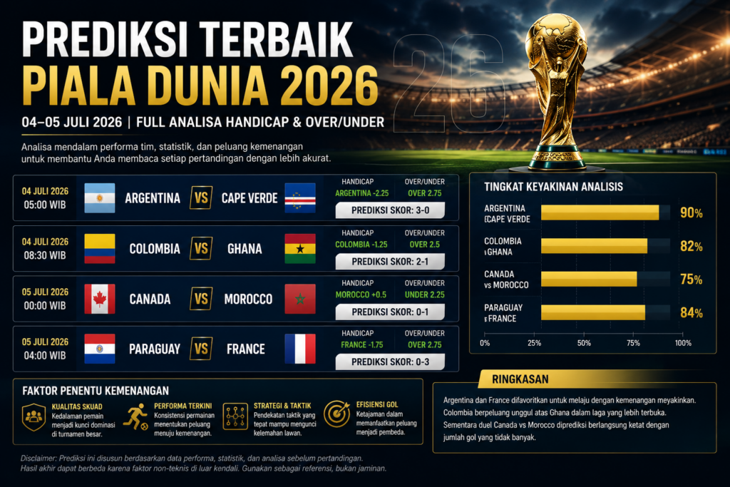 4 Prediksi Terbaik Piala Dunia 2026 (04–05 Juli): Full Analisa Market Handicap & Over/Under