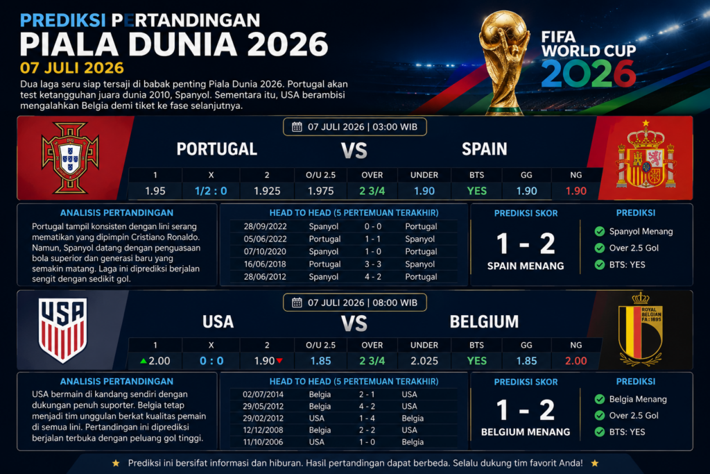 Prediksi Portugal vs Spain & USA vs Belgium Piala Dunia FIFA World Cup 2026